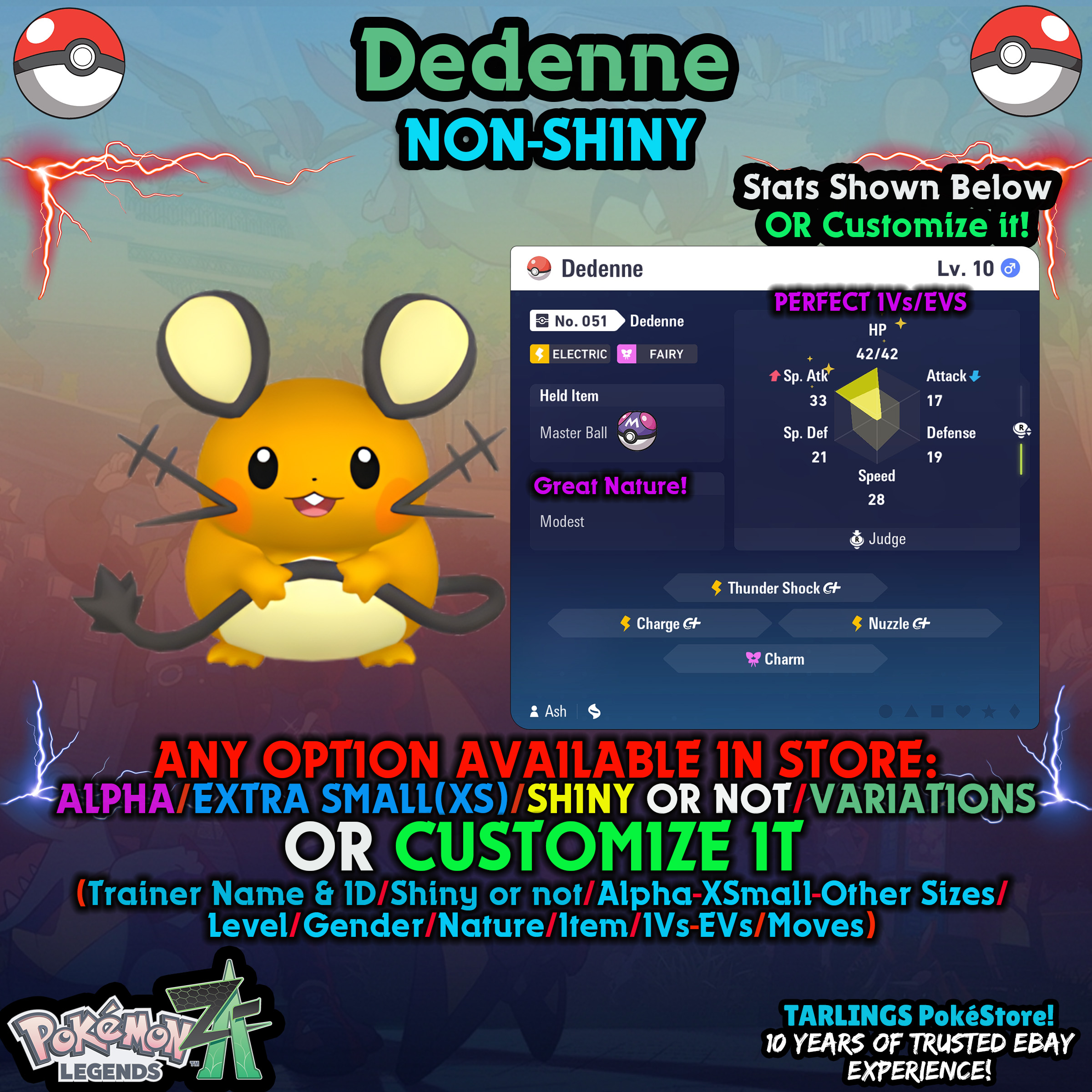Pokemon Legends ZA 🐉 Dedenne - SHINY/NON/ALPHAS/XS/BUNDLES ✨ OR