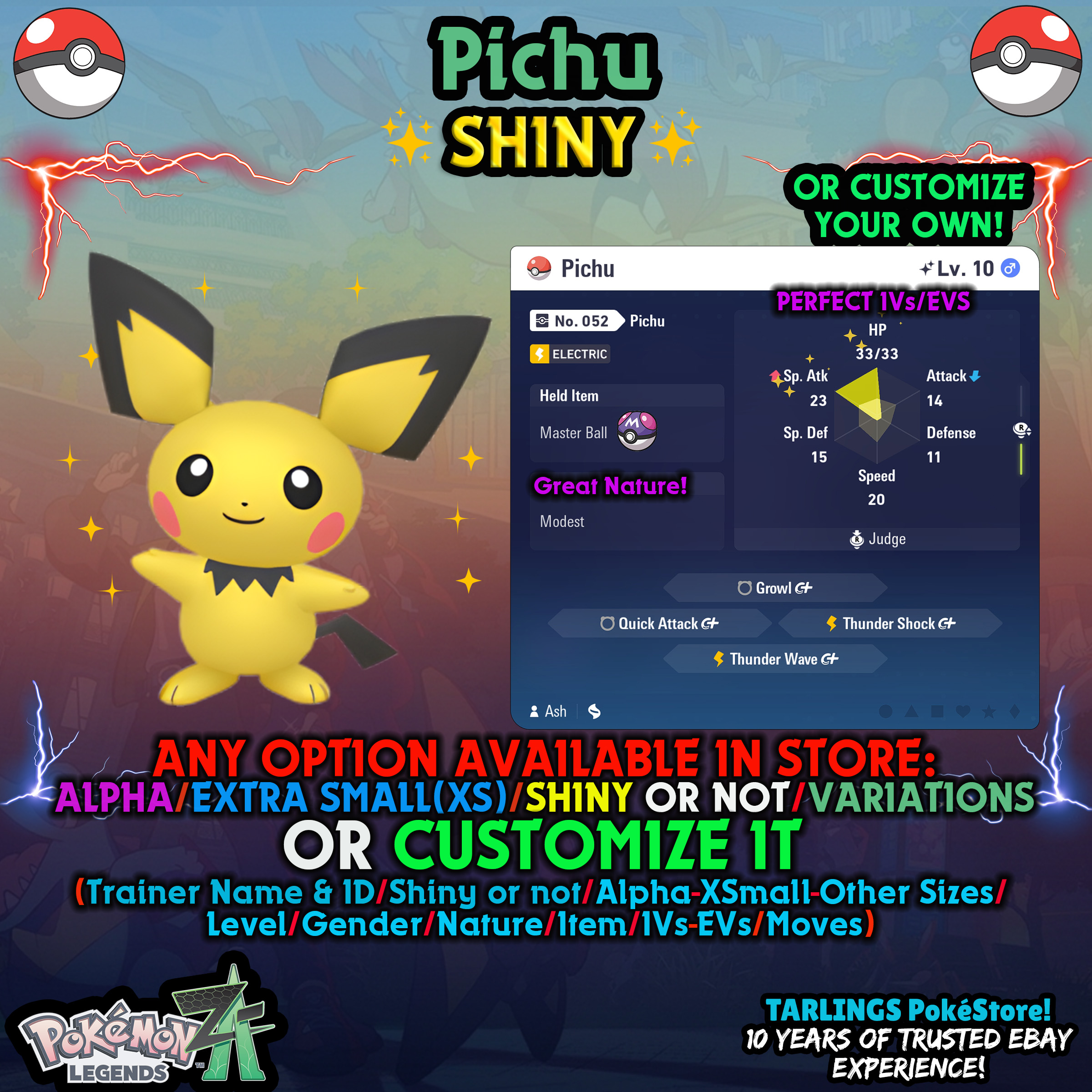 Pokemon Legends ZA 🐉 Pichu - SHINY/NON/ALPHAS/XS/BUNDLES ✨ OR